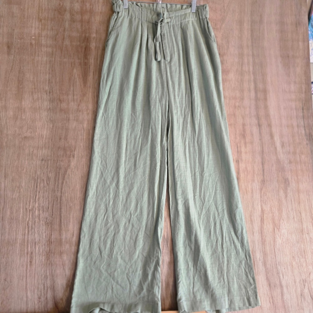 Thread & Supply Sage Green Linen Blend Wide Leg Paperbag Waist Pants Large